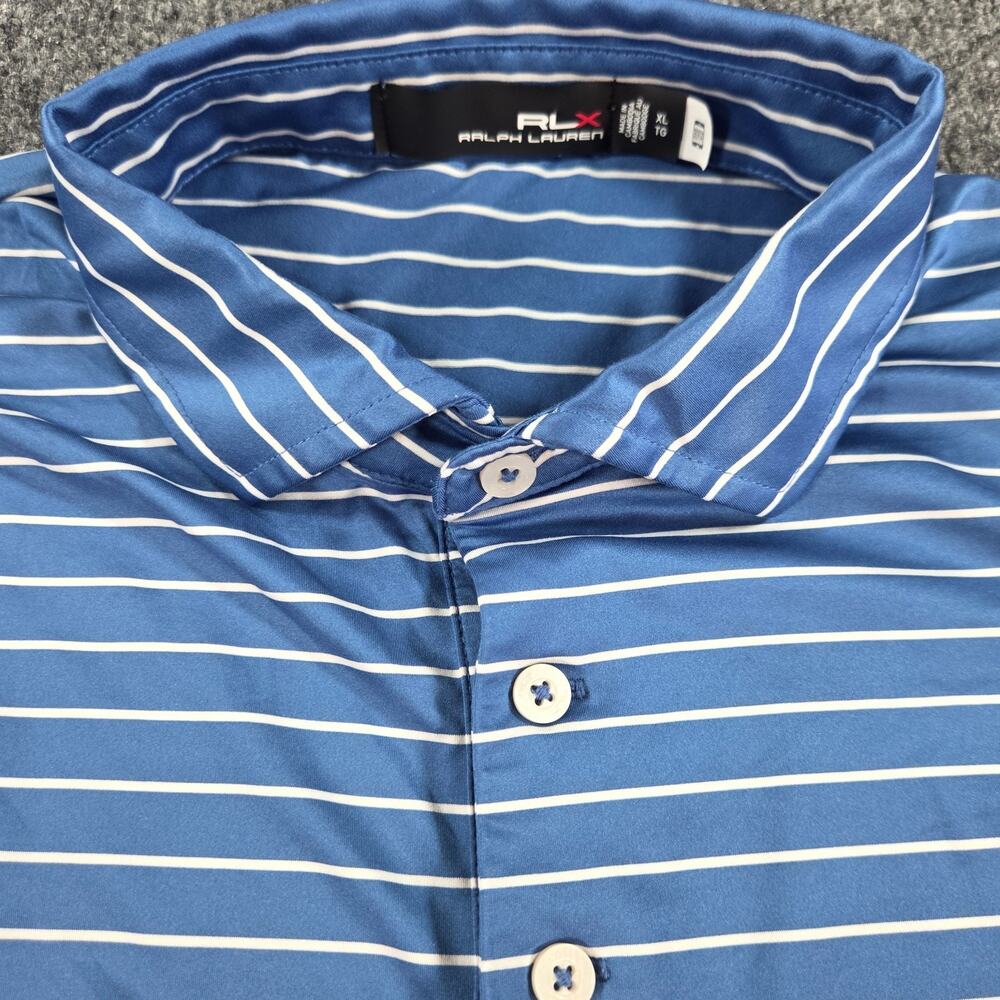 RLX Ralph Lauren Polo Shirt Performance Blue White Striped Mens XL Fit= 2XL Golf